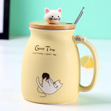 Caneca Cerâmica Gatinho com Tampa de bambú e Colher Inox