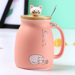 Caneca Cerâmica Gatinho com Tampa de bambú e Colher Inox