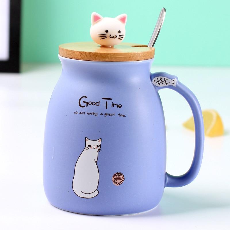 Caneca Cerâmica Gatinho com Tampa de bambú e Colher Inox