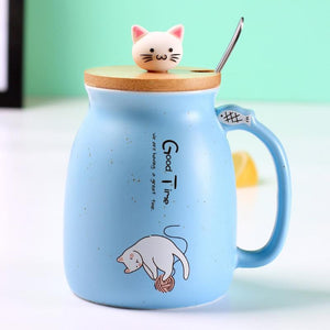 Caneca Cerâmica Gatinho com Tampa de bambú e Colher Inox