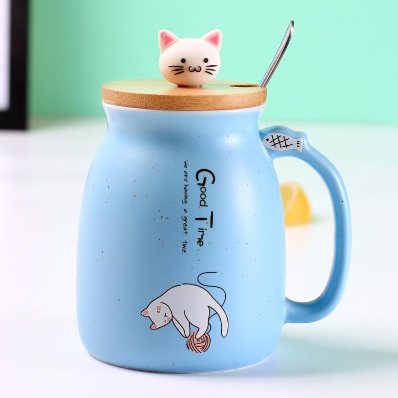 Caneca Cerâmica Gatinho com Tampa de bambú e Colher Inox